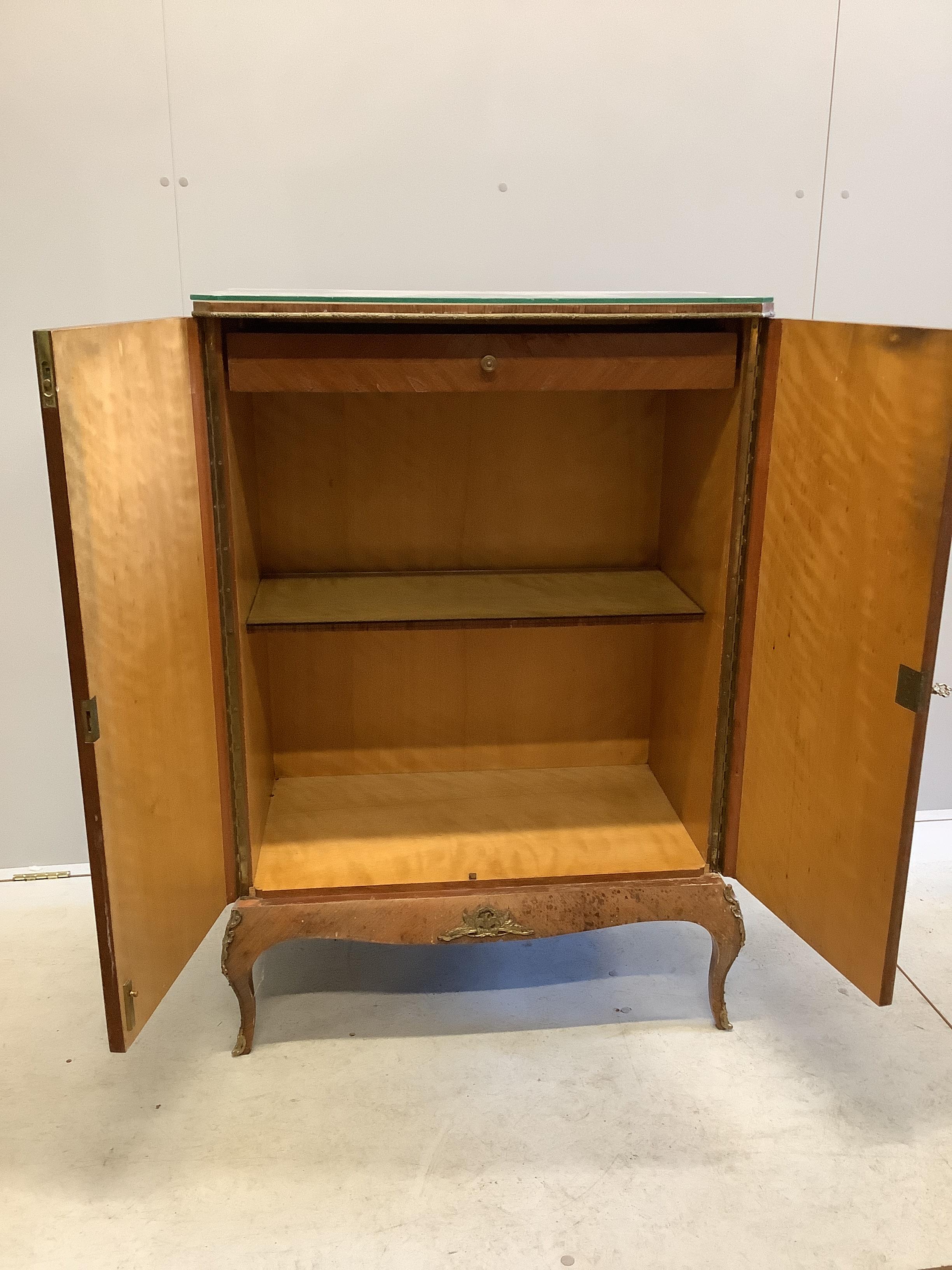 A Louis XVI style inlaid kingwood side cabinet, width 78cm, depth 45cm, height 114cm